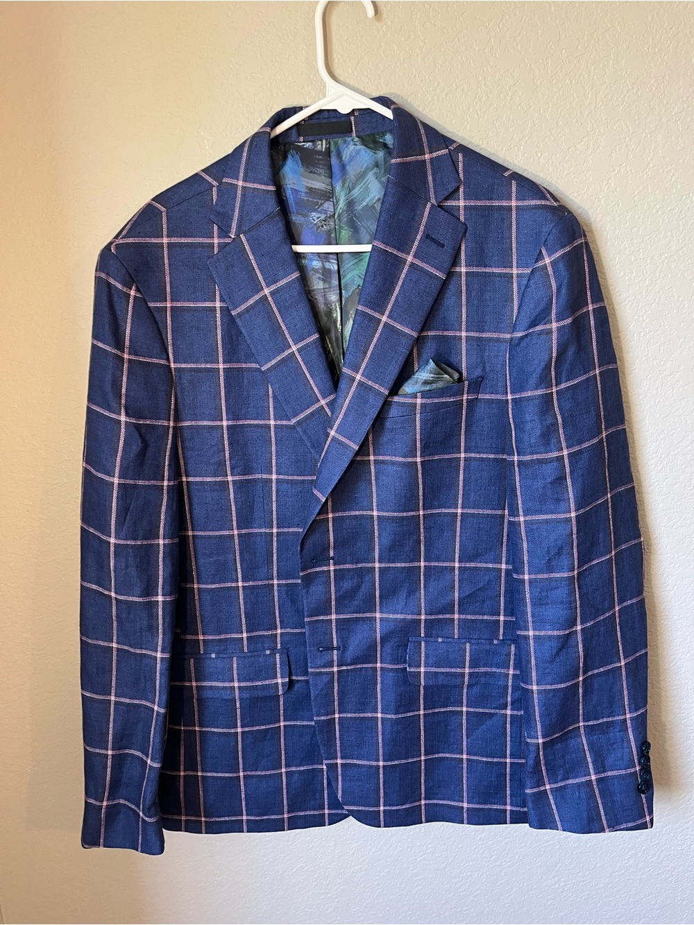 Tallia Men’s Navy Blue Windowpane Plaid Blazer Sport Coat Pink Red Check ~40R
